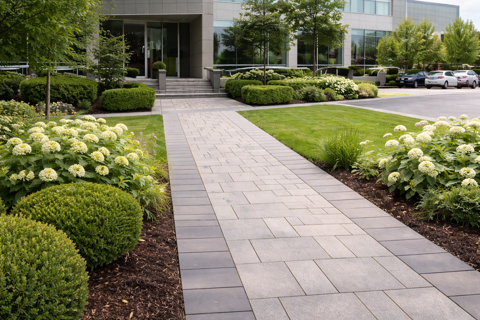 Commercial building entrance with maintained landscaping and walkway
