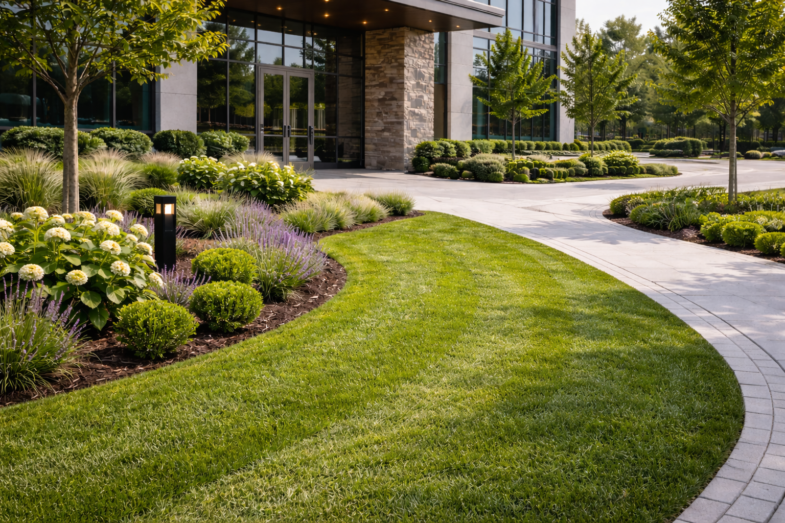 Modern commercial property with maintained lawn, walkway, and landscaped entrance