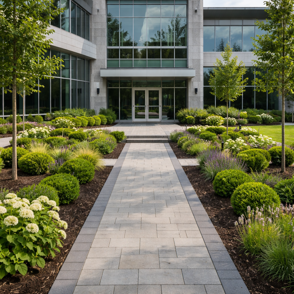 Modern commercial building with landscaped front and stone walkway