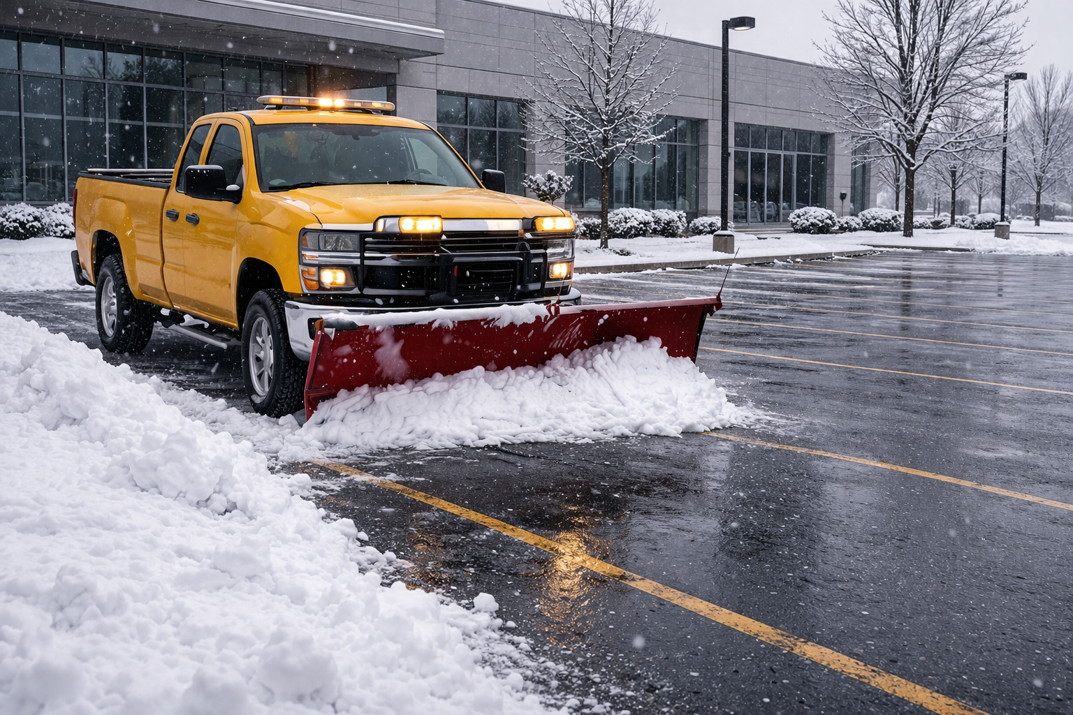 Commercial snow removal truck clearing a parking lot in winter