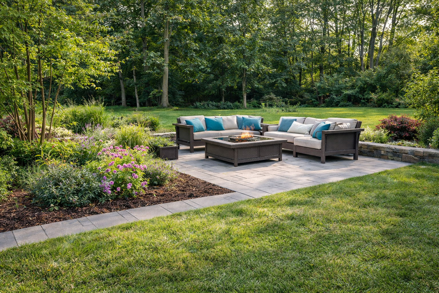 Residential backyard with patio seating and seasonal landscape care