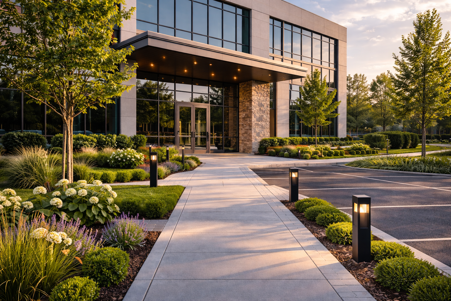 Commercial property entrance with maintained landscaping and walkway