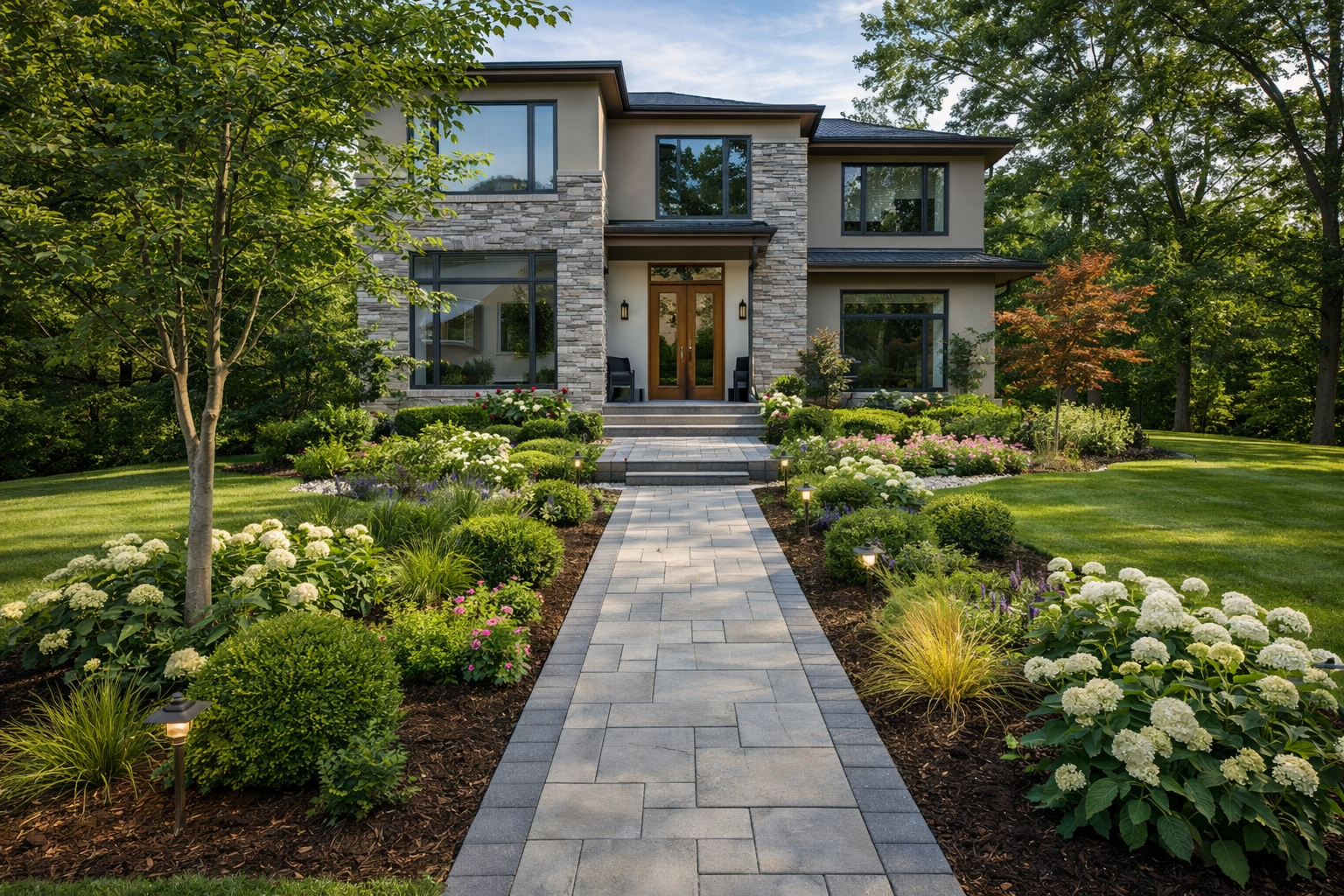 Modern residential home with landscaped front yard and stone walkway