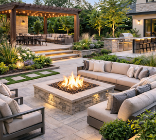 Outdoor living space with fire feature and patio seating