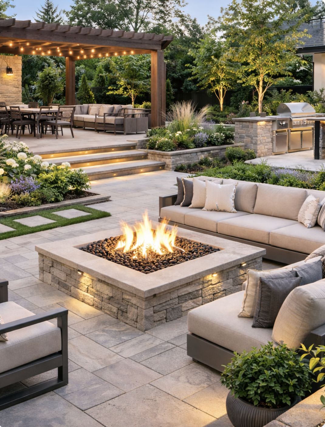 Residential outdoor living space with patio, fire feature, and planting