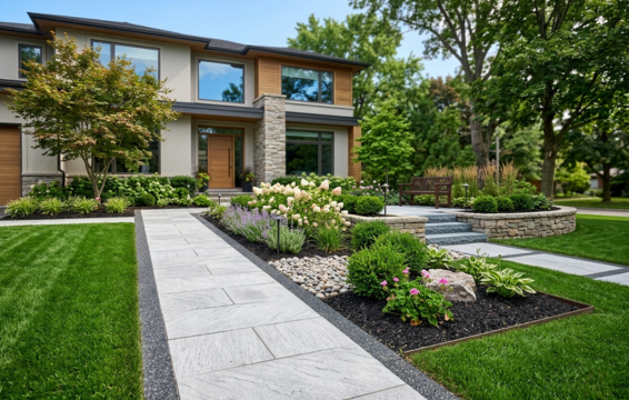 Enhanced residential front yard with walkway, planting, and stone details
