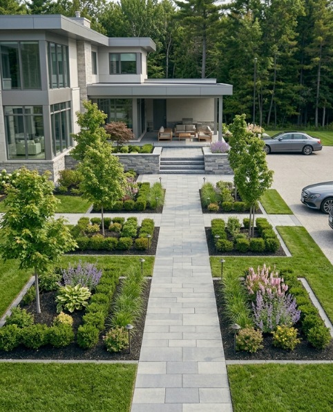 Residential landscape construction with front walkway and planting