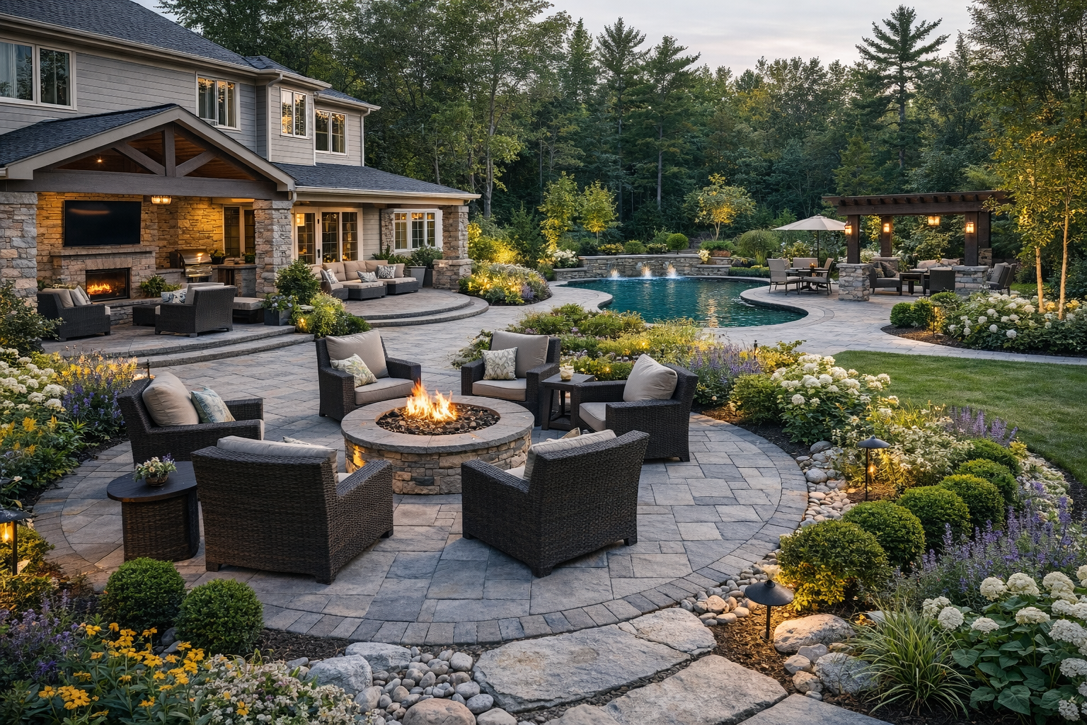 Beautiful residential backyard with patio, fire feature, pool, and landscaped planting